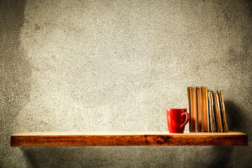 Wooden shelf of free space and autumn time 