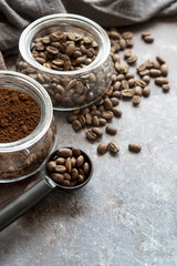 Delicious arrangement of coffee beans and powder