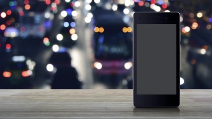 Restaurant cloche flat icon on modern smart mobile phone screen on wooden table over blur colorful night light traffic jam street in city with cars, Business food delivery online concept