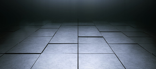 Dark empty room with reflective tiles floor. 3d rendering