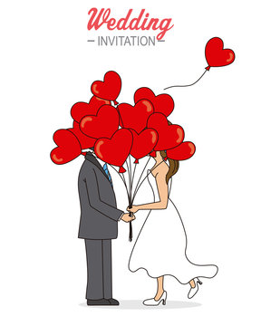 wedding card. Wedding couple with heart-shaped balloons