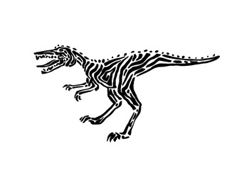 Ancient extinct jurassic velociraptor dinosaur vector illustration ink painted, hand drawn grunge prehistoric reptile, black isolated raptor silhouette on white background