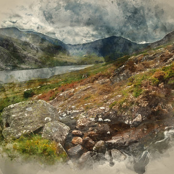 Digital watercolor painting of Stunning landscape image of countryside around Llyn Ogwen in Snowdonia during ear;y Autumn