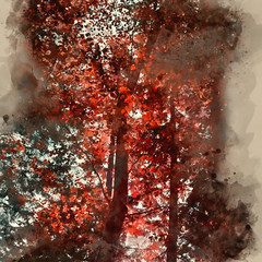 Digital watercolor painting of Beautiful false red Autumn Fall trees in Fall color in New Forest in England