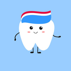 Illustration of smiling tooth brushing paste. Children dentistry happy character. Kawaii facial expression.
