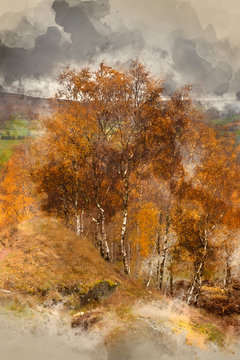 Digital watercolor painting of Stunning Autumn Fall landscape scene from Surprise View in Peak District in England