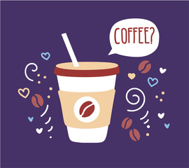 Modern vector illustration of a paper take away coffee cup with a straw and a speech bubble on a dark violet background with doodle swirls, beans, hearts and dots. Cafe card, poster, flyer design. 