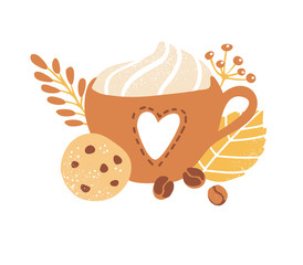 Cute vector illustration of a delicious beverage with whipped cream, crunchy chocolate cookie, and decorative leaves, plants and coffee beans. Autumn colors and trendy doodle flat style. Fall season.