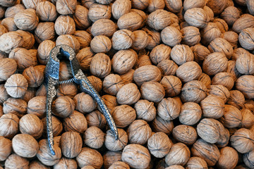 Top view of many inshell walnuts