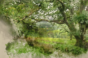 Digital watercolor painting of Landscape image of view from Precipice Walk in Snowdonia