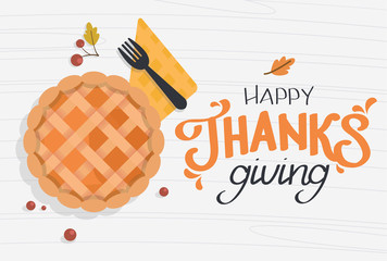 Happy Thanksgiving calligraphy text. Festive quote with a pumpkin pie. Vector calligraphy lettering holiday quote