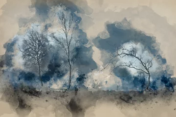  Digital watercolor painting of Moody Winter landscape image of skeletal trees in Peak District © veneratio