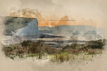 Digital watercolor painting of Beautiful dawn landscape of Seven Sisters cliffs landmark on English coast