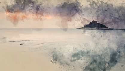 Digital watercolor painting of St Michael's Mount Bay Marazion landscape sunrise long exposure Cornwall England