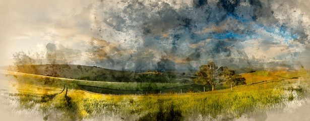 Digital watercolor painting of Beautiful panorama landscape South Downs countryside in Summer