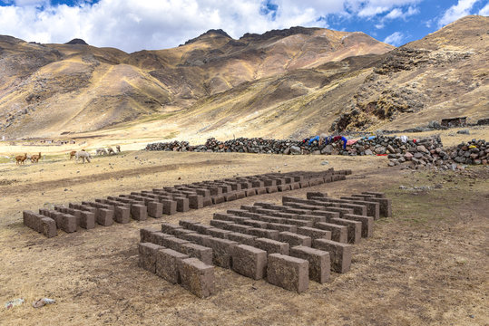 Adobe mud bricks drying in the sun. Chillca, Cusco, Peru