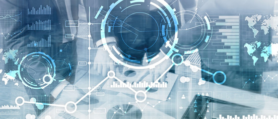 Business interface mixed media double exposure financial chart graph diagram and icon on virtual screen. Innovation concept.