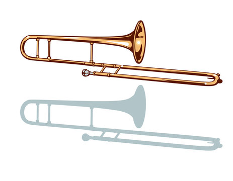A trombone and it's silhouette set. Vector illustration.