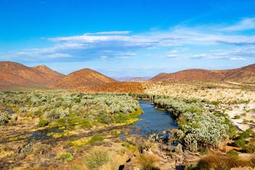 Fototapeta na wymiar View over Kunene river and Epupa falls, Kaokoland, Namibia, Africa