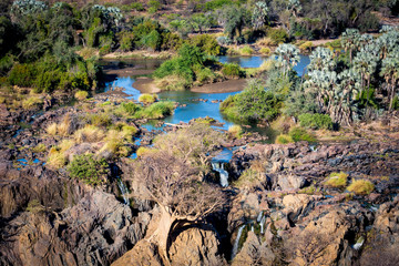 Aerial view of Kunene river and Epupa falls, Kaokoland, Namibia, Africa