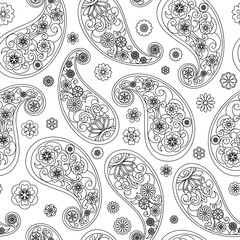 graphic seamless pattern. Paisley. Hand drawn background. Indian motif ornament, vector. Black and white line art ethnic floral design. Adult coloring book