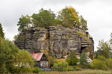 Impregnable medieval rock castle Sloup from the 13th century in northern Bohemia, Czech Republic