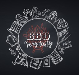 Barbecue round banner, blackboard style