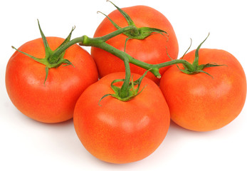 Four fresh juicy red bunch tomatoes on white background top view
