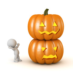 3D Character Looking Up at Two Halloween Pumpkins