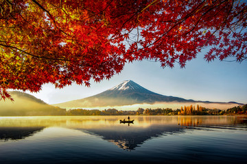 Fuji Mountain and Red Maple Leaves in Autumn, Kawaguchiko Lake, Japan