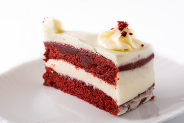 Red velvet cake slice isolated on white background
