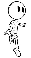 Graphic cartoon hand drawn black and white jumping funny cute smile head boy character with big eyes. Isolated on white background. Vector icon.