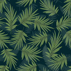 Naklejka na ściany i meble Tropical pattern with palm leaves on dark green backdrop. Seamless green botanical backdrop. Vector illustration.