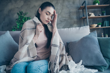 Photo of exhausted lady feeling bad touching hurted head covered with blanket wearing pullover and...