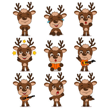 Collection of funny deer in cartoon style in different poses and with musical instruments isolated on white background