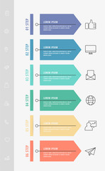 Vector infographic flat template arrows for six diagrams, graph, presentation. Business concept with 6 label. For content, flowchart, step for step, timeline, levels, marketing, data visualization