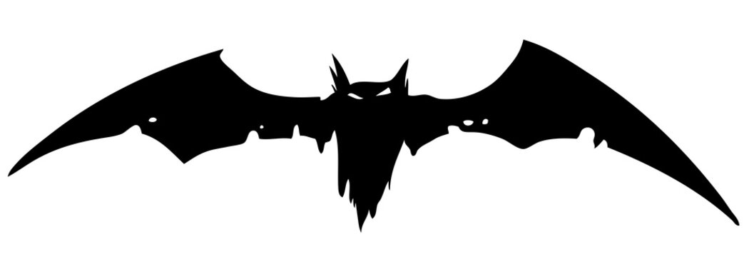 Graphic black silhouette scary flying vampire bat. Isolated on white background. Halloween vector icon.