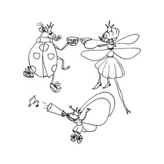 Lady bug, Dragonfly and Butterfly. Cartoon doodle sketch. Black outline on white background. Picture can be used in greeting cards, posters, flyers, banners, logo, botanical design etc. Vector
