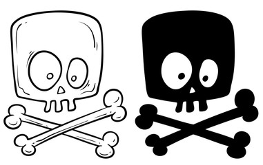 Cartoon graphic hand drawn black and white funny human skull with crossed bones. Isolated on white background. Halloween vector icon. Vol. 4