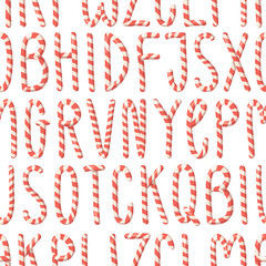 Cartoon vector illustration Christmas Candy Cane. Hand drawn seamless pattern with font. Actual Creative Holidays sweet alphabet