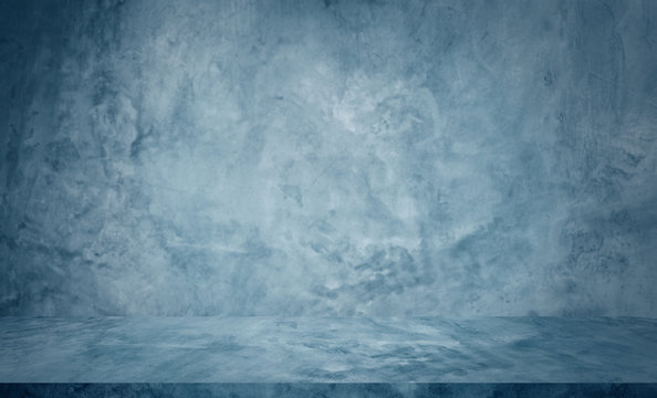 black and blue cement table and shelves studio and dark showroom background for present products