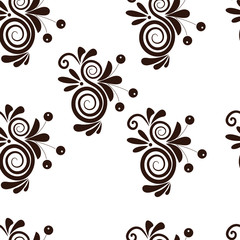 Seamless pattern of brown shapes, leaves and berries