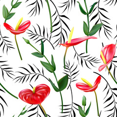 Tropical flowers. Anthurium. Floral background. Red. Green. Seamless pattern.