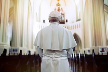 Pope in the church. Back view   - obrazy, fototapety, plakaty