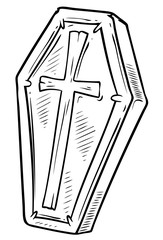 Cartoon graphic black and white wooden coffin with cross. Isolated on white background. Halloween vector icon.