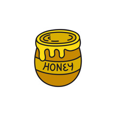 Honey vector illustration. Cute pot of gold sweet honey, spill over edge of jar. Hand drawn outlined isolated graphic cartoon icon.