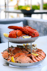 Seafood platter with cold steamed seafood on ice includes lobster, shrimp, oyster, blue crab