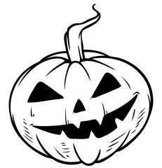 Cartoon black and white funny evil smiling halloween pumpkin. Isolated on white background. Vector icon.