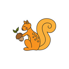 Squirrel vector illustration. Cute hand drawn outlined ginger squirrel sitting, holding acorn. Forest animal, isolated.