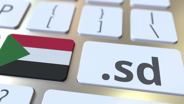 Sudanese domain .sd and flag of Sudan on the buttons on the computer keyboard. National internet related 3D animation